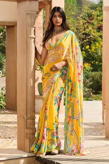 Buy_RINESSA_Yellow Crepe, Satin, Shantoon V-neck Printed Saree With Hand Embroidered Blouse _at_Aza_Fashions