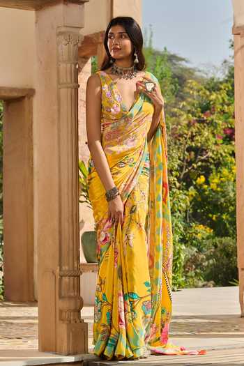 Buy_RINESSA_Yellow Crepe, Satin, Shantoon V-neck Printed Saree With Hand Embroidered Blouse _Online_at_Aza_Fashions