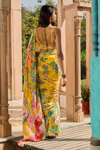 Shop_RINESSA_Yellow Crepe, Satin, Shantoon V-neck Printed Saree With Hand Embroidered Blouse _at_Aza_Fashions