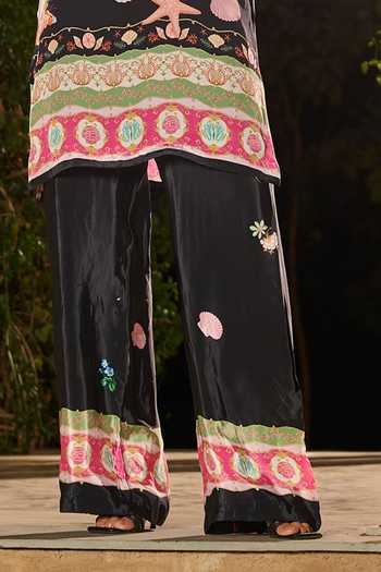 RINESSA_Black Crepe Mandarin Collar Silky Printed Kurta And Pant Co-ord Set _Online_at_Aza_Fashions