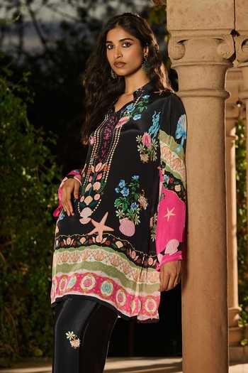 RINESSA_Black Crepe Mandarin Collar Silky Printed Kurta And Pant Co-ord Set _at_Aza_Fashions