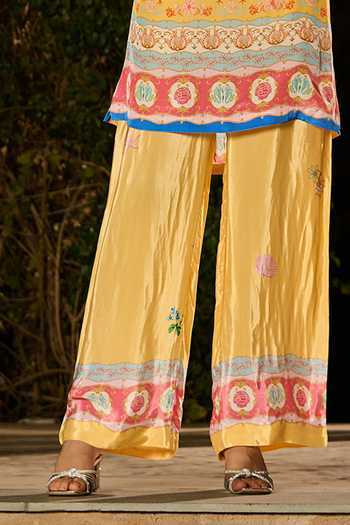 RINESSA_Yellow Crepe Split V-neck, Yes Silky Marine Life Print Kurta And Pant Co-ord Set _Online_at_Aza_Fashions
