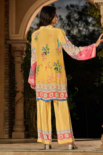 Shop_RINESSA_Yellow Crepe Split V-neck, Yes Silky Marine Life Print Kurta And Pant Co-ord Set _at_Aza_Fashions