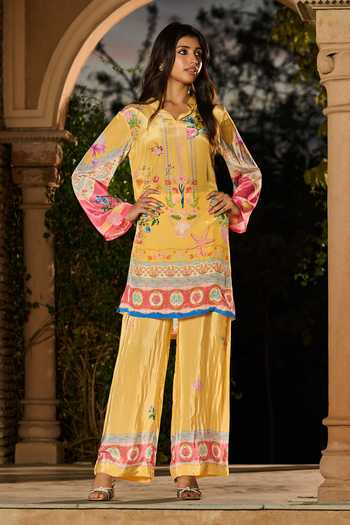 Buy_RINESSA_Yellow Crepe Split V-neck, Yes Silky Marine Life Print Kurta And Pant Co-ord Set _at_Aza_Fashions