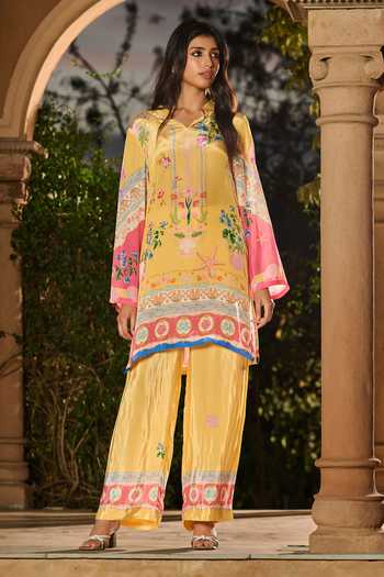 Buy_RINESSA_Yellow Crepe Split V-neck, Yes Silky Marine Life Print Kurta And Pant Co-ord Set _Online_at_Aza_Fashions