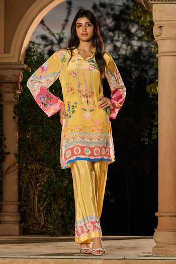 Shop_RINESSA_Yellow Crepe Split V-neck, Yes Silky Marine Life Print Kurta And Pant Co-ord Set _Online_at_Aza_Fashions