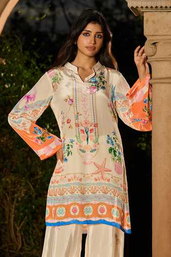 RINESSA_Ivory Crepe Mandarin Collar, Yes Life Print Kurta And Pant Co-ord Set _at_Aza_Fashions