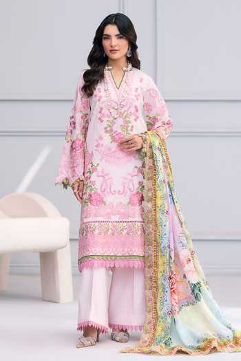 Shop_RINESSA_Pink Cotton, Silk V-neck, Yes Kyoto Bloom Embroidered Kurta Set _Online_at_Aza_Fashions