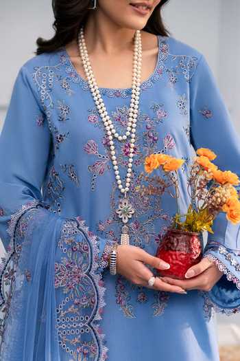 RINESSA_Blue Cotton, Organza Sequins Round Neck De Provence Embroidered Kurta Set _Online_at_Aza_Fashions