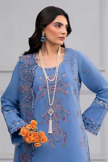 Buy_RINESSA_Blue Cotton, Organza Sequins Round Neck De Provence Embroidered Kurta Set _Online_at_Aza_Fashions