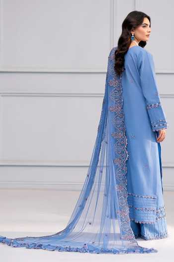 Shop_RINESSA_Blue Cotton, Organza Sequins Round Neck De Provence Embroidered Kurta Set _at_Aza_Fashions