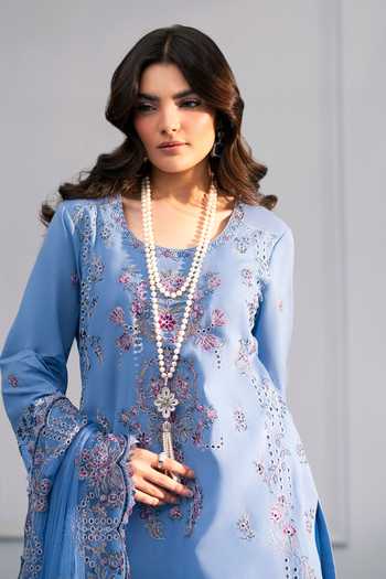 Shop_RINESSA_Blue Cotton, Organza Sequins Round Neck De Provence Embroidered Kurta Set _Online_at_Aza_Fashions