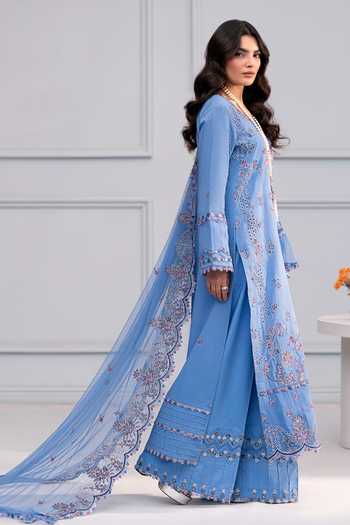 RINESSA_Blue Cotton, Organza Sequins Round Neck De Provence Embroidered Kurta Set _at_Aza_Fashions