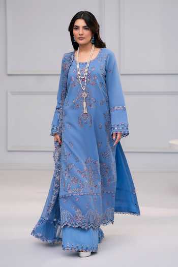 Shop_RINESSA_Blue Cotton, Organza Sequins Round Neck De Provence Embroidered Kurta Set 