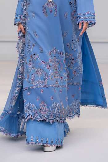 RINESSA_Blue Cotton, Organza Sequins Round Neck De Provence Embroidered Kurta Set _Online