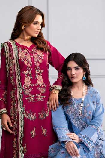 Buy_RINESSA_Blue Cotton, Organza Sequins Round Neck De Provence Embroidered Kurta Set _Online