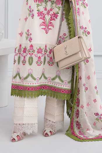 Buy_RINESSA_Ivory Cotton, Organza Round Neck Elyseen Embroidered Kurta Set _Online_at_Aza_Fashions