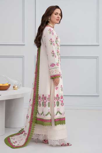 Shop_RINESSA_Ivory Cotton, Organza Round Neck Elyseen Embroidered Kurta Set _at_Aza_Fashions