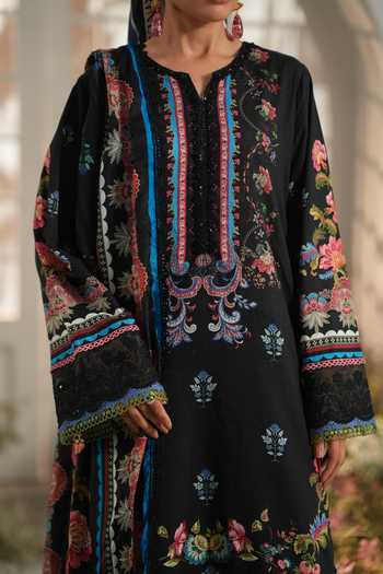 RINESSA_Black Cotton, Silk Split V-neck, Yes Ebon Allure Printed Kurta Set _Online_at_Aza_Fashions