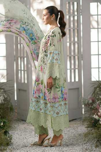 Buy_RINESSA_Green Cotton, Silk Split V-neck Hint Of Printed Kurta Set _Online_at_Aza_Fashions