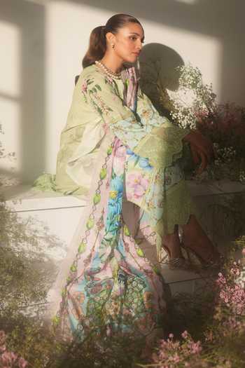 Buy_RINESSA_Green Cotton, Silk Split V-neck Hint Of Printed Kurta Set 