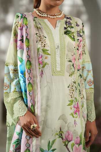 Shop_RINESSA_Green Cotton, Silk Split V-neck Hint Of Printed Kurta Set 