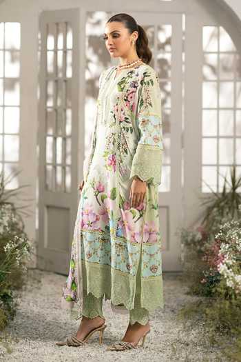 Buy_RINESSA_Green Cotton, Silk Split V-neck Hint Of Printed Kurta Set _Online