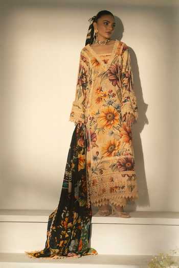 RINESSA_Ivory Cotton, Silk V-neck Creme Brulee Printed Kurta Set _Online_at_Aza_Fashions