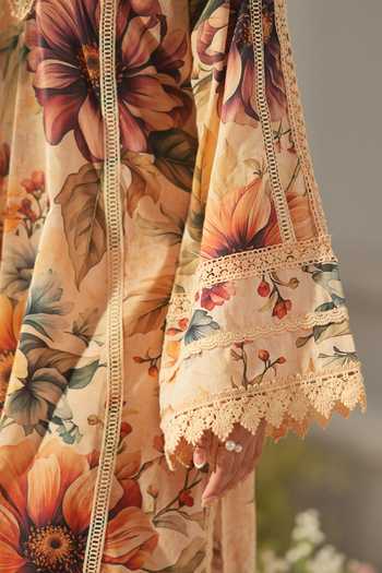 Buy_RINESSA_Ivory Cotton, Silk V-neck Creme Brulee Printed Kurta Set _Online_at_Aza_Fashions
