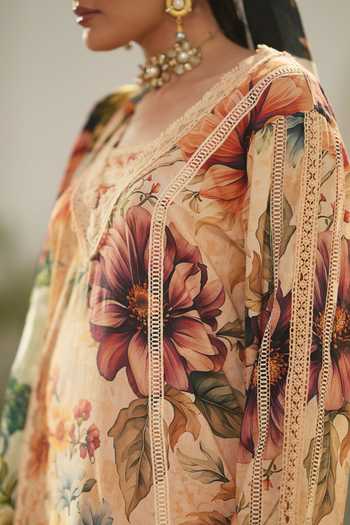 Shop_RINESSA_Ivory Cotton, Silk V-neck Creme Brulee Printed Kurta Set _Online_at_Aza_Fashions