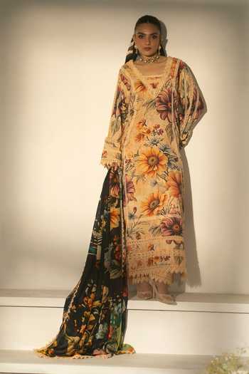 Buy_RINESSA_Ivory Cotton, Silk V-neck Creme Brulee Printed Kurta Set 