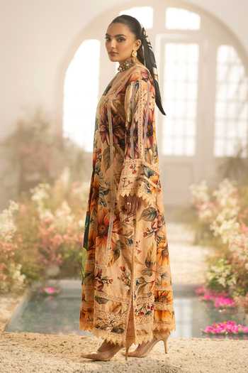 Shop_RINESSA_Ivory Cotton, Silk V-neck Creme Brulee Printed Kurta Set _at_Aza_Fashions