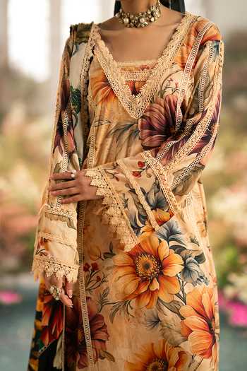 Shop_RINESSA_Ivory Cotton, Silk V-neck Creme Brulee Printed Kurta Set 