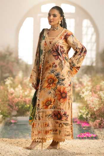 Shop_RINESSA_Ivory Cotton, Silk V-neck Creme Brulee Printed Kurta Set _Online