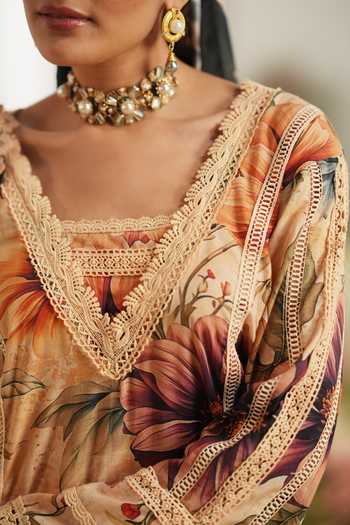 RINESSA_Ivory Cotton, Silk V-neck Creme Brulee Printed Kurta Set 