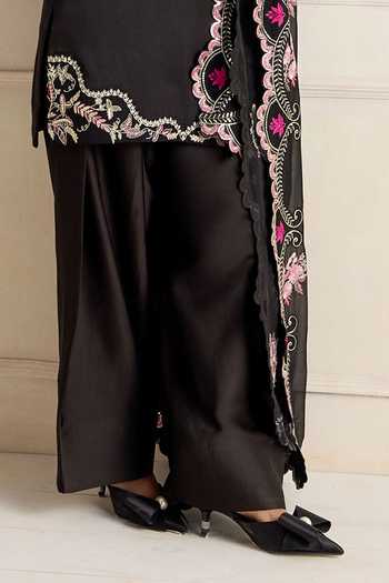 RINESSA_Black Organza, Bemberg, Satin V-neck, Lelah Embroidered Kurta Farshi Salwar Set _Online_at_Aza_Fashions