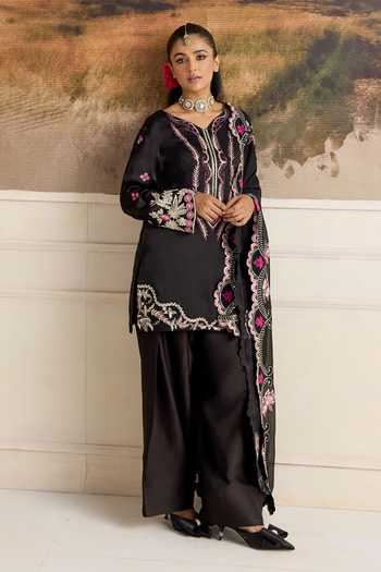 Shop_RINESSA_Black Organza, Bemberg, Satin V-neck, Lelah Embroidered Kurta Farshi Salwar Set _Online_at_Aza_Fashions