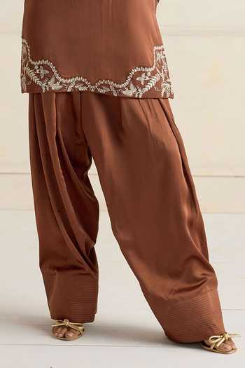 RINESSA_Brown Organza, Bemberg, Satin Lelah Thread Embroidered Kurta Farshi Salwar Set _Online_at_Aza_Fashions
