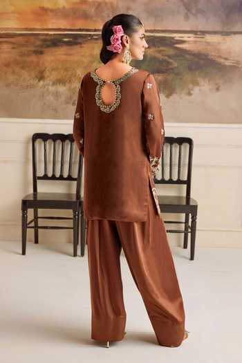 Shop_RINESSA_Brown Organza, Bemberg, Satin Lelah Thread Embroidered Kurta Farshi Salwar Set _at_Aza_Fashions