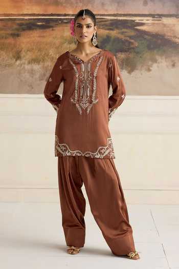 Buy_RINESSA_Brown Organza, Bemberg, Satin Lelah Thread Embroidered Kurta Farshi Salwar Set _Online_at_Aza_Fashions