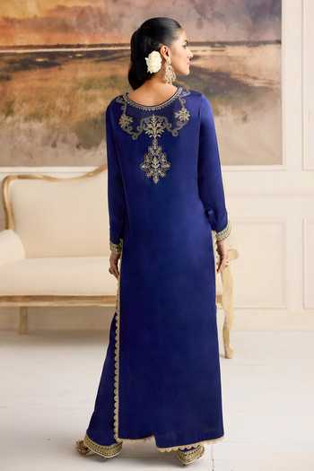 Shop_RINESSA_Blue Organza, Bemberg, Satin Round Neck, Yes Ecstasy Embroidered Slit Kurta Set _at_Aza_Fashions
