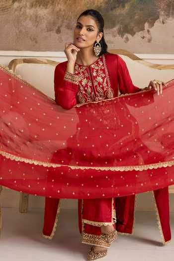 Shop_RINESSA_Red Organza, Satin, Bemberg Split V-neck, Yes Ecstasy Embroidered Slit Kurta Set _Online_at_Aza_Fashions