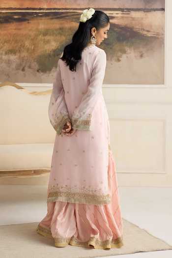Shop_RINESSA_Pink Organza, Cotton Satin Keyhole Neck Amara Embellished Kurta Gharara Set _at_Aza_Fashions