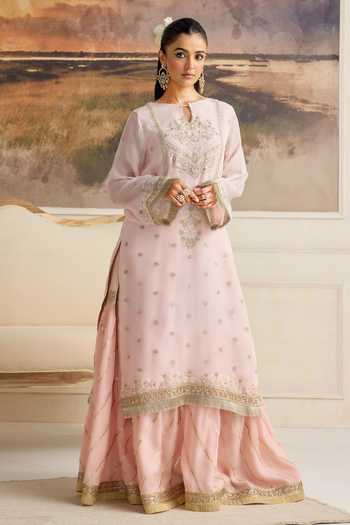 RINESSA_Pink Organza, Cotton Satin Keyhole Neck Amara Embellished Kurta Gharara Set _Online_at_Aza_Fashions