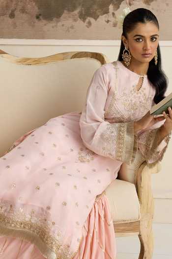 Buy_RINESSA_Pink Organza, Cotton Satin Keyhole Neck Amara Embellished Kurta Gharara Set _Online_at_Aza_Fashions