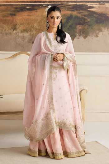 Shop_RINESSA_Pink Organza, Cotton Satin Keyhole Neck Amara Embellished Kurta Gharara Set _Online_at_Aza_Fashions