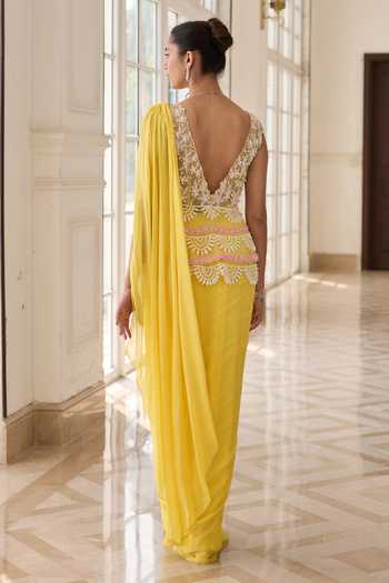 Shop_RINESSA_Yellow Georgette, Net, Shantoon V-neck Embroidered Peplum Top And Saree Set _at_Aza_Fashions
