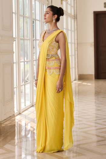 Buy_RINESSA_Yellow Georgette, Net, Shantoon V-neck Embroidered Peplum Top And Saree Set _Online_at_Aza_Fashions