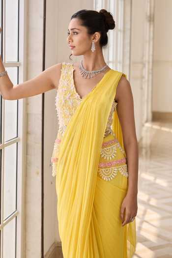 Shop_RINESSA_Yellow Georgette, Net, Shantoon V-neck Embroidered Peplum Top And Saree Set _Online_at_Aza_Fashions