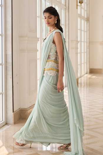 RINESSA_Mint Georgette, Net, Shantoon V-neck Embroidered Peplum Top And Draped Saree Set _Online_at_Aza_Fashions